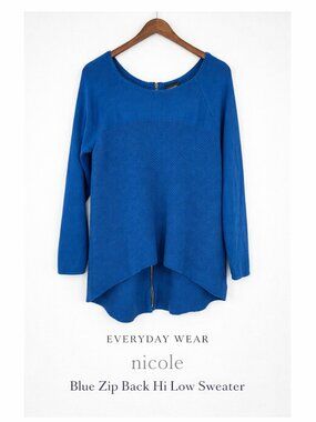 Nicole Miller Blue Textured Zip Back Sweater Hi Low Hem XL